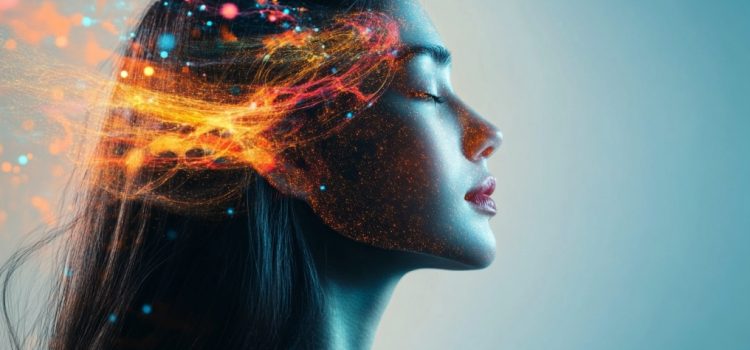What the Right Brain Does: How It Lives in the Present Moment a profile of a woman with her eyes closed with digital connections swirling near her head depicts what the right brain does