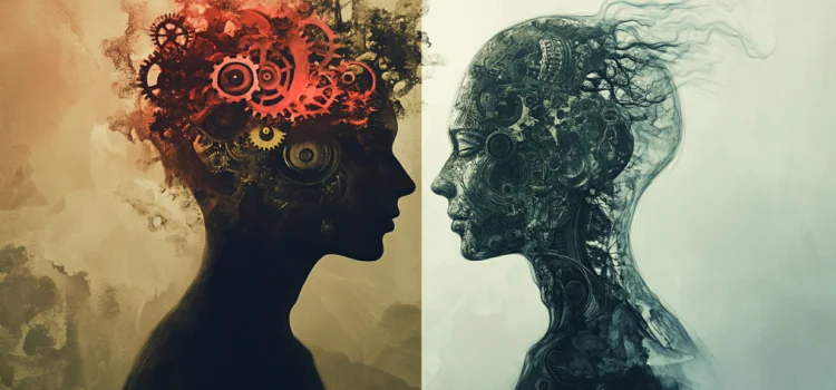 The Self in Western and Eastern Thought (Chris Niebauer) drawing of two heads—one with gears and one blending into the surroundings—illustrate the self in western and eastern thought