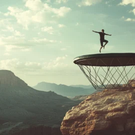 a man jumping on a trampoline on a mountain cliff illustrates the causes of human error