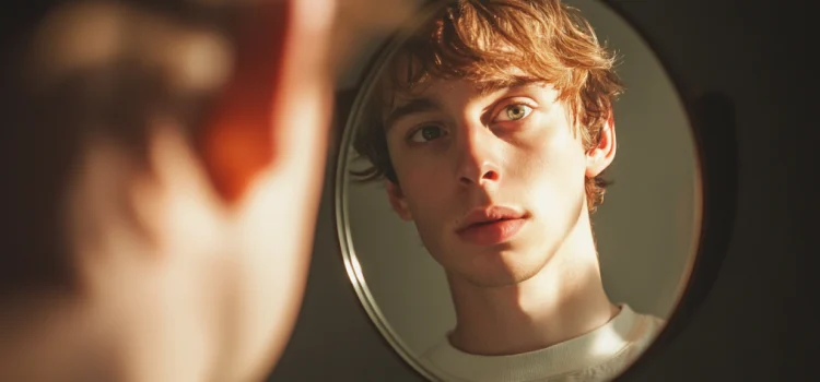 The Self in Western Thought: A Spiritual Neuroscientist Explains the reflection of a young man in a mirror illustrates contemplation of the self in Western thought