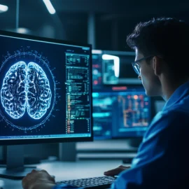 a tech developer working at a computer with a depiction of a human brain on the screen illustrates the potential of AI