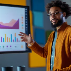 A manager who knows how to manage stakeholders' expectations by giving a presentation with graphs and charts