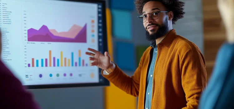 How to Manage Stakeholders’ Expectations (Marc Benioff) A manager who knows how to manage stakeholders' expectations by giving a presentation with graphs and charts