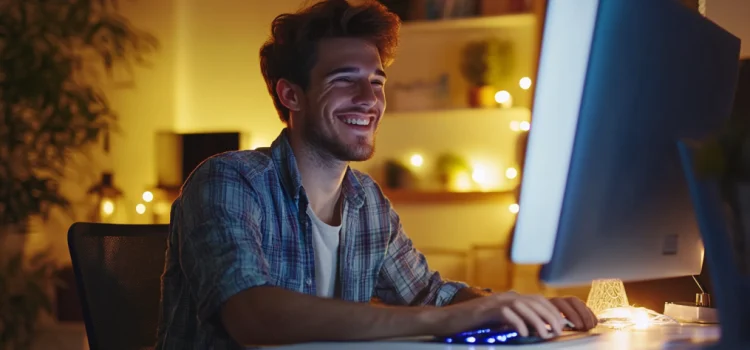 How to Start Writing Online: Expert Tips From Nicolas Cole a smiling young bearded man working at a desktop computer in a home office at night illustrates how to start writing online