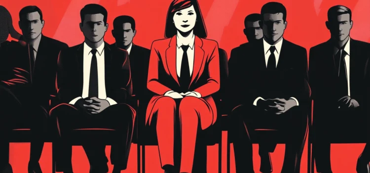 Differentiation in Business: 2 Strategies for Standing Out A woman in a red suit personifying differentiation in business against men in black suits