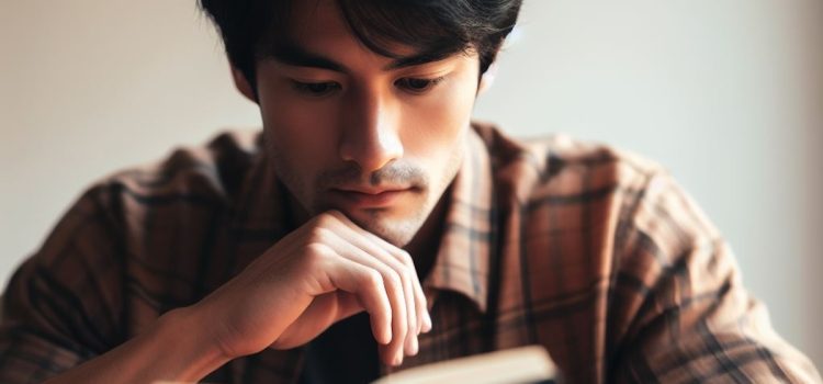 Eichmann in Jerusalem by Hannah Arendt: Book Overview a young dark-haired man wearing a plaid shirt thoughtfully reads a book he's holding
