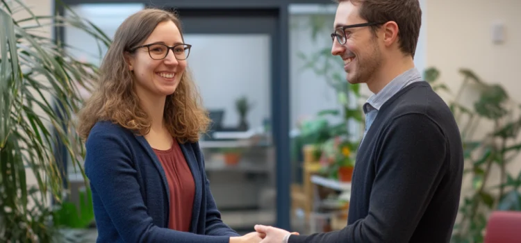Robert Cialdini: Unity Is a Powerful Instrument of Pre-suasion a woman and man smiling and warmly shaking hands illustrates Robert Cialdini's unity principle