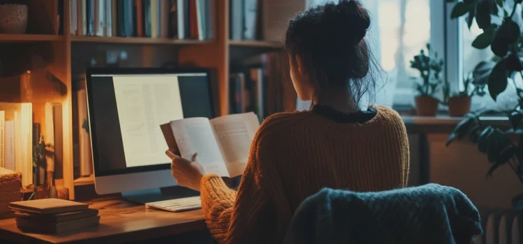 Rebooting AI: Building Artificial Intelligence We Can Trust A woman reading a book while sitting at a desk with a computer on it