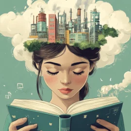 a cartoon of a woman reading a book while a factory is working in her brain illustrates how beliefs are formed