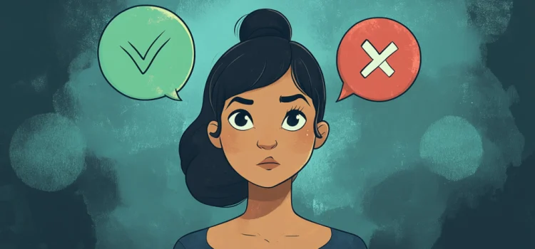 Did We Inherit Right and Wrong Thinking as Survival Tools? a woman with two thought bubbles above, one with a green checkmark and one with a red X, illustrates right and wrong thinking