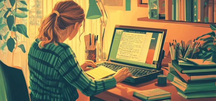 How to Make an Online Writing Business Out of a Hobby a female writer working on her computer in a home office illustrates starting an online writing business