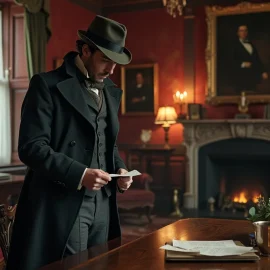 Sherlock Holmes's observation skills on display as he investigates a letter in a Victorian-era drawing room