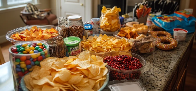 Ultra-Processed Foods and Obesity: The Undeniable Connection A kitchen counter spread of ultra-processed foods like chips and chocolate, that can lead to obesity