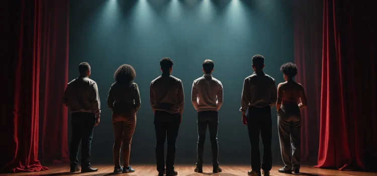 Racism in the Arts: Reflections From Viola Davis’s Career Six silhouetted actors from the back standing on a theatre stage illustrate racism in the arts