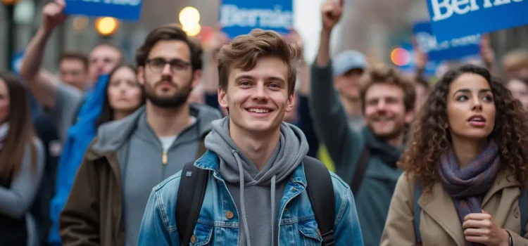 Bernie Bros: How White Men Hijacked a Progressive Movement Young men at a political rally with blue signs that say "Bernie" illustrate Bernie Bros