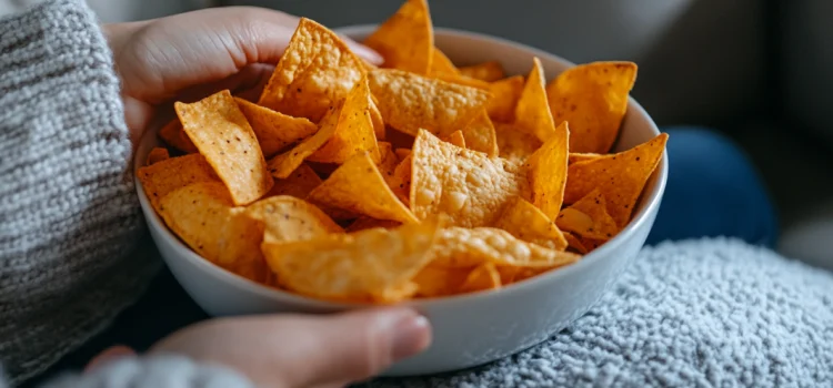 What Is an Ultra-Processed Food? Dr. van Tulleken Explains Hands holding a bowl of orange chips, which are an ultra-processed food