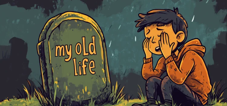 Why Is Change So Hard? The 2 Reasons (Bruce Feiler) A cartoon image of a boy crying over a tombstone that reads "my old life" because life changes are so hard to overcome