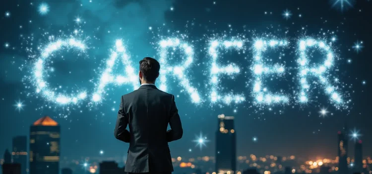 Career Foresight: A Critical Skill for Squiggly Careers A man in a business suit seen from the back looking at the word "CAREER" written in the sky illustrates career foresight