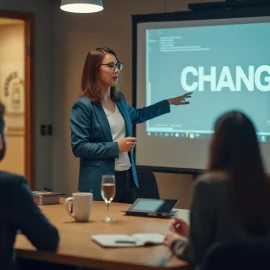 A person making a presentation about change to a team at work illustrates how to implement Kaizen