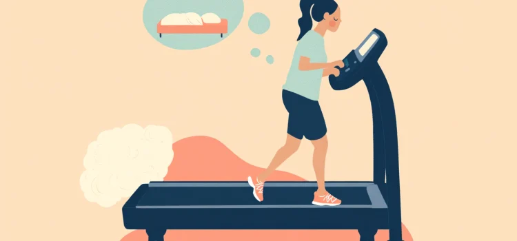 Sleep and Healthy Lifestyles: What’s the Connection? A woman running on a treadmill thinking about a bed, showing how sleep and healthy lifestyle are connected