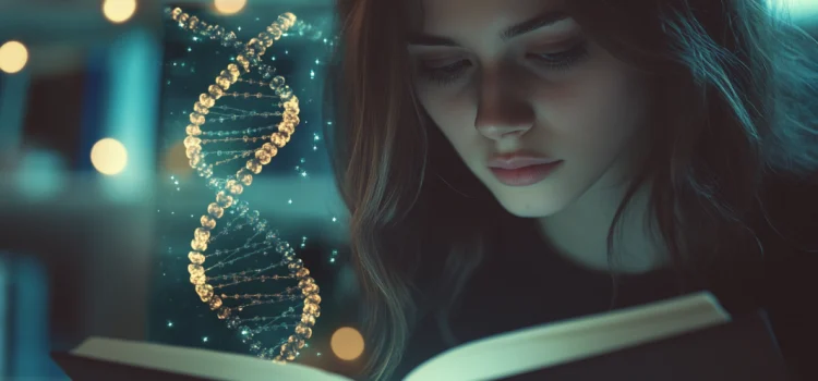 The Code Breaker: Book Overview (Walter Isaacson) A woman reading a book in a study with a strand of DNA coming out of the book.
