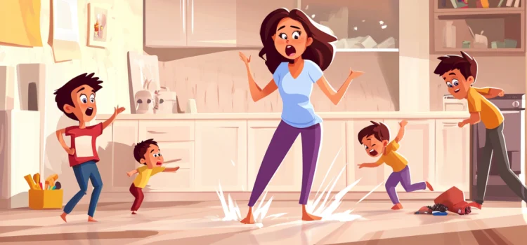 What Is Mindful Parenting and How Can You Practice It? Children creating a mess while an overwhelmed mother is trying to practice mindful parenting