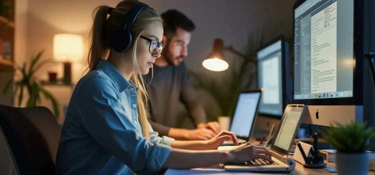 How to Stay on Task: Tackling Distraction & Procrastination A woman focused on her work in a home office while her husband works in the background illustrates how to stay on task