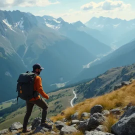 A man with a backpack and an orange pullover hiking in the mountains illustrates incremental progress