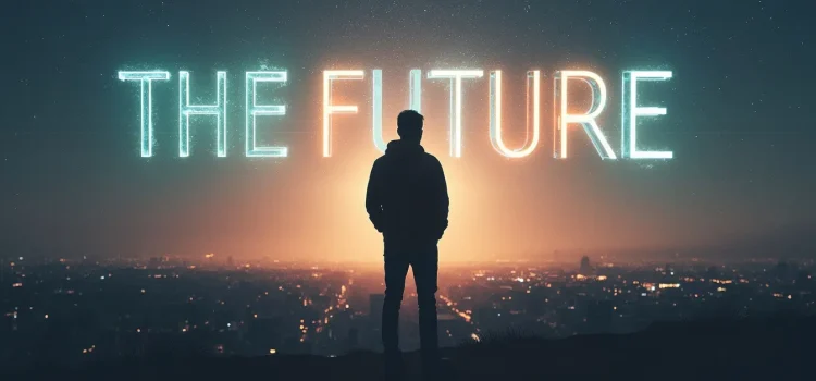 Peter Zeihan’s Predictions: Where Deglobalization Will Lead A man in silhouette looking at "THE FUTURE" in neon letters in the night sky illustrates Peter Zeihan's predictions
