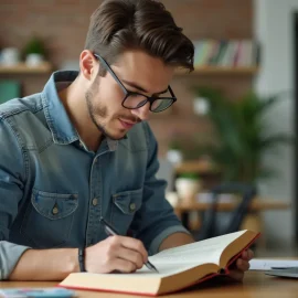A young man with dark hair, a beard, and glasses in a home office reading a book and underlining text