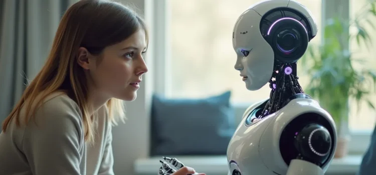 Mo Gawdat’s Approach to AI: 3 Ways to Put AI on a Positive Path A human mother teaching an AI robot child illustrates Mo Gawdat's approach to AI