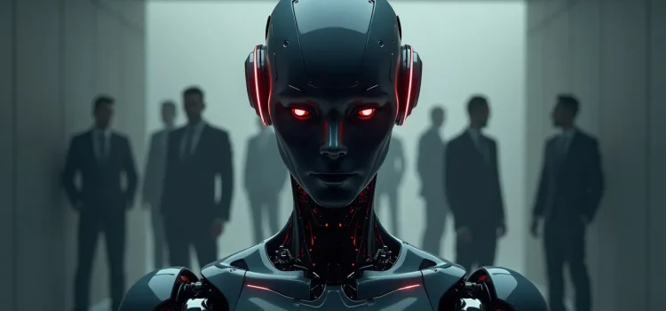 Why Is AI Scary? 3 Reasons to Sound the Alarm (Mo Gawdat) Shadowy silhouettes of humans behind a sophisticated and ominous AI robot raises the question, "Why is AI scary?"
