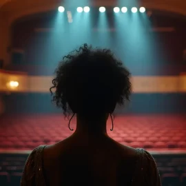A black woman, seen in silhouette from behind, on a theatre stage looking into the spotlight