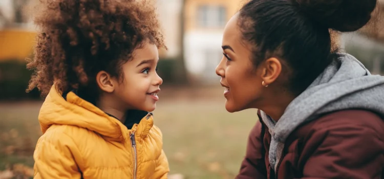 Parenting Communication Skills: Respect and “I” Statements A mother talking to her daughter at eye-level, using respectful parenting communication skills