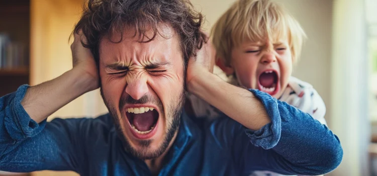 How to Take Control of Your Parenting Triggers A dad holding his ears from a parenting trigger: his child screaming in his ear