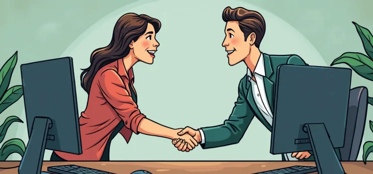 Russell Brunson’s Affiliate Marketing Strategy: Build Your Army A cartoon of a woman and man shaking hands in an office depicts Russell Brunson's affiliate army and marketing strategy
