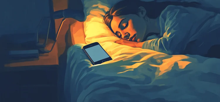 The Top 3 Healthy Sleep Habits for a Better Night in Bed A woman sleeping next to her phone in bed, trying to use healthy sleep habits