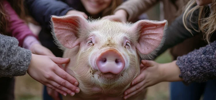 How Pets Can Improve Your Social Life—One Pig’s Story A group of people petting a pig, showing how animals can improve your social life