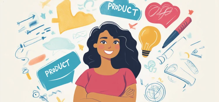 How to Create a Product Vision That’s Strong and Flexible A woman thinking of a product vision with lightbulbs, pens, and other office materials