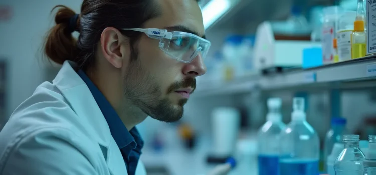3 Ethical Issues of CRISPR Technology & Policies They Inspired A male scientist with dark hair and a beard wearing a lab coat in a lab illustrates ethical issues of CRISPR