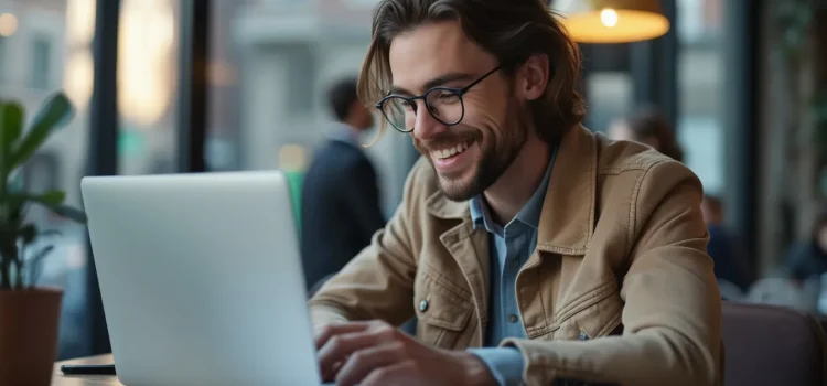 How to Write Social Media Posts: Be Brief to Be Heard A smiling man with a beard and eyeglasses working on a laptop in a cafe illustrates how to write social media posts