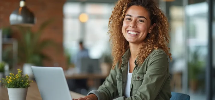 Optimize Your Mental Environment for Productivity A smiling woman with curly hair working on a laptop illustrates the importance of a healthy mental environment