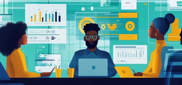 What Is Product Leadership? (+ How to Be a Better Leader) A technology team showing what product leadership is by working at a desk on laptops with graphs and charts behind them.