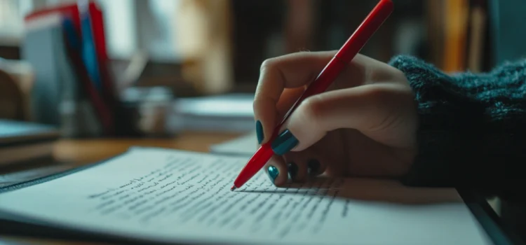 Practical Tips for Tighter Writing From the Authors of Smart Brevity A woman's hand with turquoise nail polish uses a red pen to edit a piece of writing to achieve tighter writing