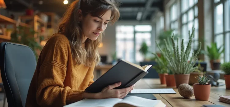 The Squiggly Career: Book Overview (Tupper & Ellis) A woman with long brown hair and an orange sweater reading a book in an open office with lots of windows and plants
