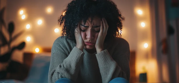 How to Cope With Emotions That Accompany Grief A woman sitting on a bed looking sad and stressed who is learning how to cope with emotions