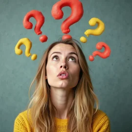 A woman with long blonde hair and a yellow sweater has five question marks over her head, illustrating Kaizen questions
