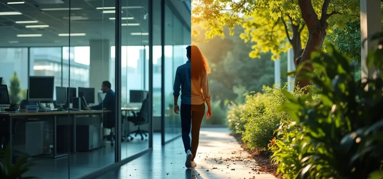 Work-Rest Balance: Be Deliberate About Your Environments A woman in the middle of a split screen with an office on the left and a garden on the right depicts work-rest balance
