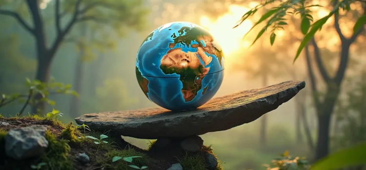 The Climate Change Risk: Is It the End of Earth’s Delicate Balance? A globe balanced on a teetering rock in the woods illustrates the climate change risk