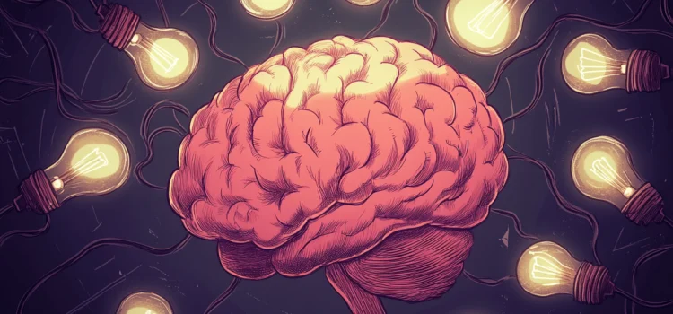 What Is an Entrepreneurial Mindset? Thinking With Innovation The brain of an entrepreneurial mindset surrounded by glowing lightbulbs